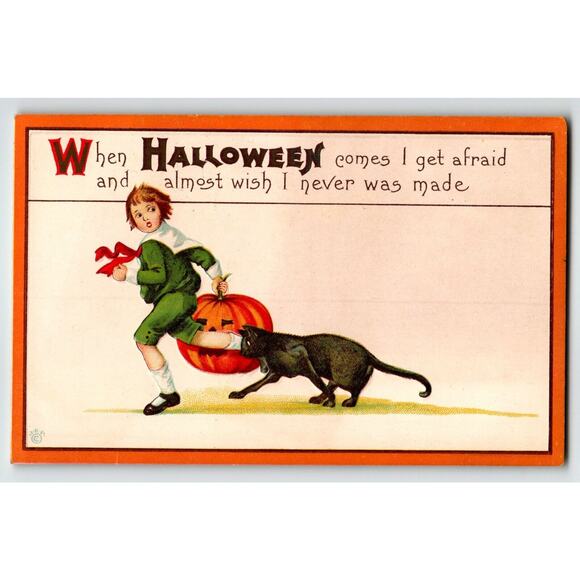Halloween Postcard Black Cat Boy Running With Pumpkin JOL Stecher 63 F Vintage